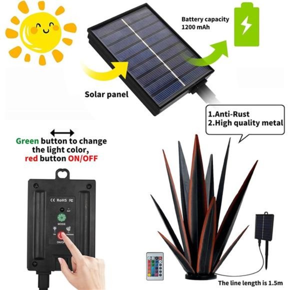 Large Tequila Rustic Sculpture, Rustic Metal Agave  (Blue - L (W/Solar Light)) - Picture 4 of 6